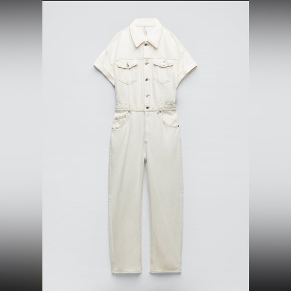 LONG DENIM JUMPSUIT - OYSTER WHITE - Picture 7 of 10